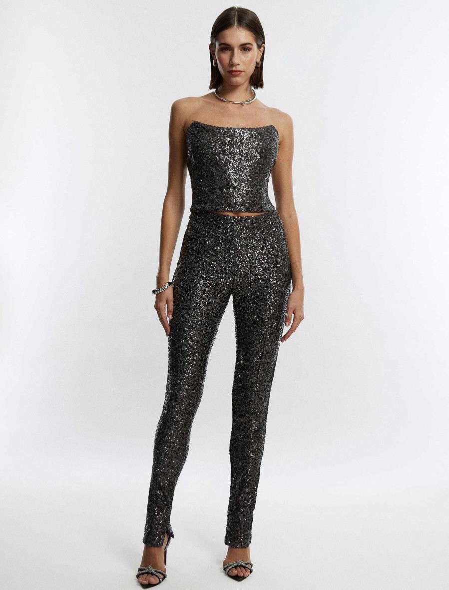 Vêtements BCBG | Pantalon A Sequins Et Fente Au Bas Gris Pierre