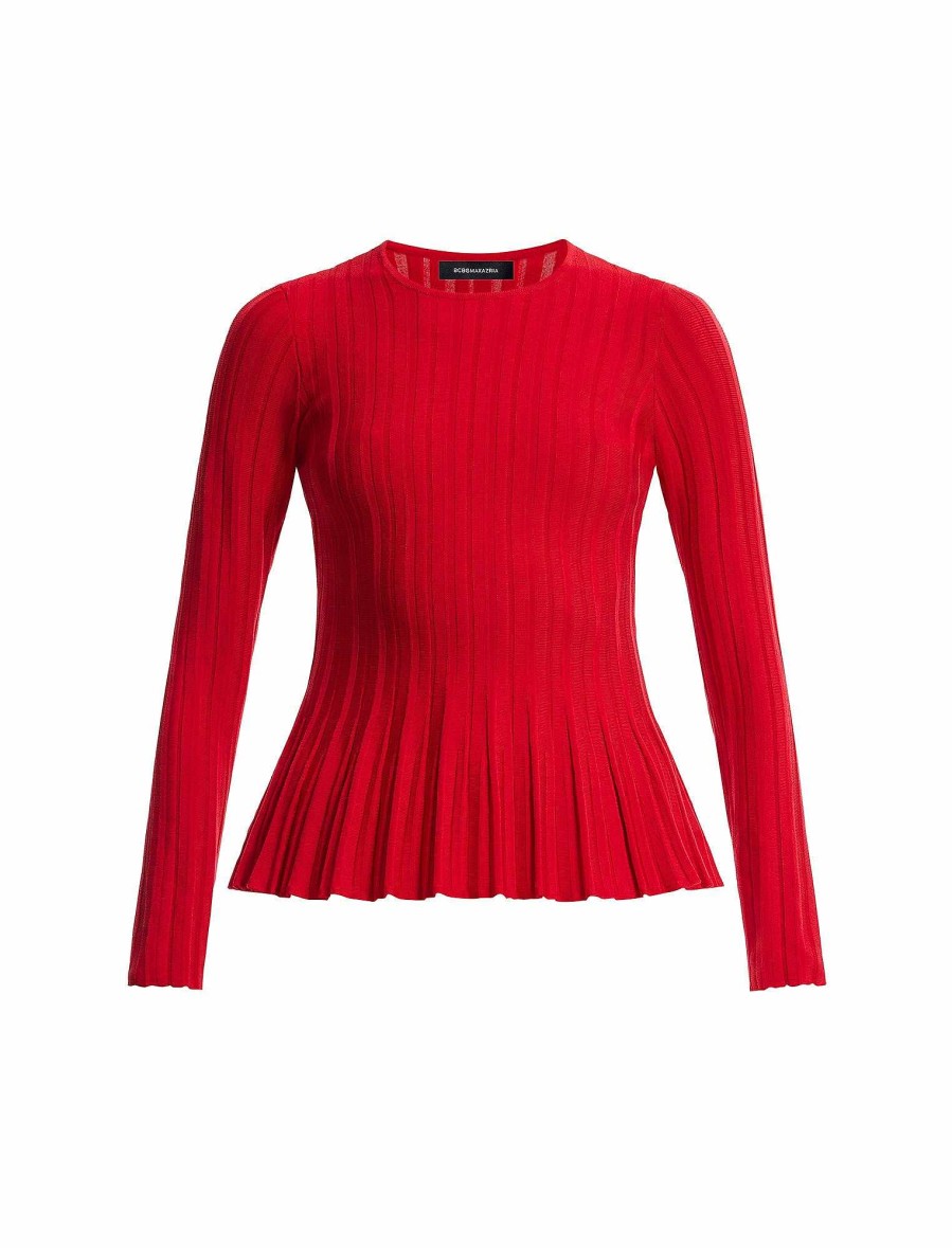 Vêtements BCBG | Haut En Maille Cotelee A Manches Longues Rouge Vif