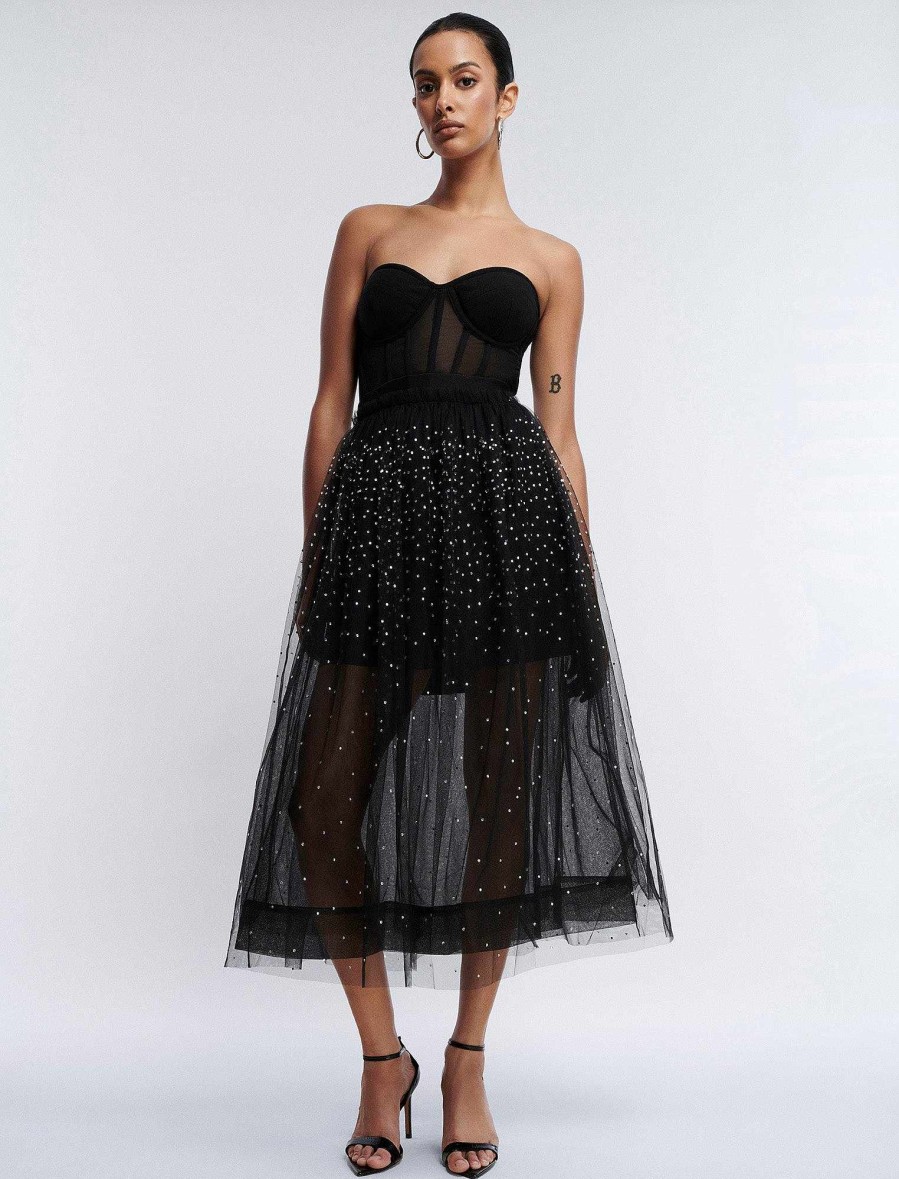 Vêtements BCBG | Jupe Midi Pailletee En Tulle Noir