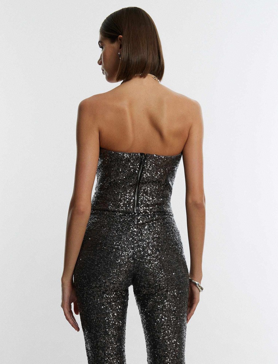 Vêtements BCBG | Haut Bustier Sans Bretelles A Sequins Gris Pierre