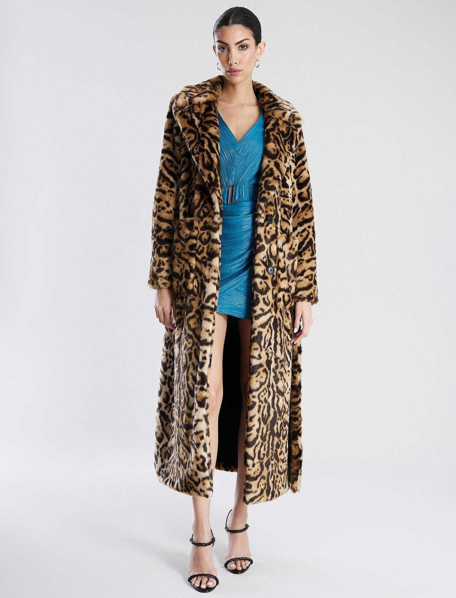 Vêtements BCBG | Manteau Long En Fausse Fourrure Avec Motif Et Ceinture Leopard