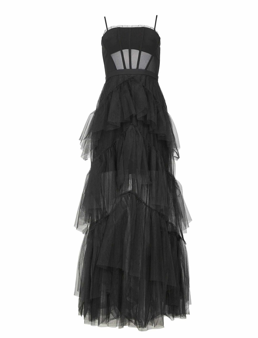 Robes BCBG | Robe De Soiree En Tulle A Volants Oly Noir