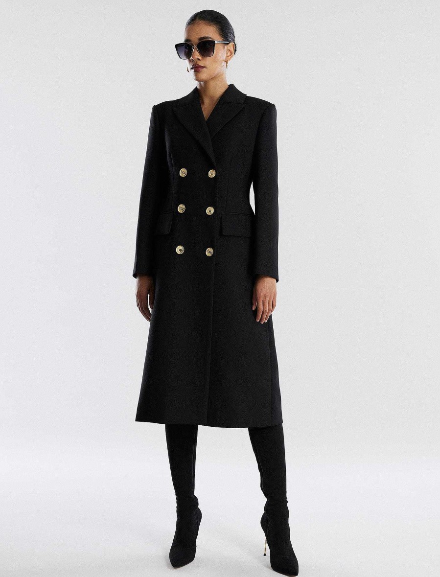 Vêtements BCBG | Manteau Classique Ajuste Et Evase A Double Boutonnage Noir