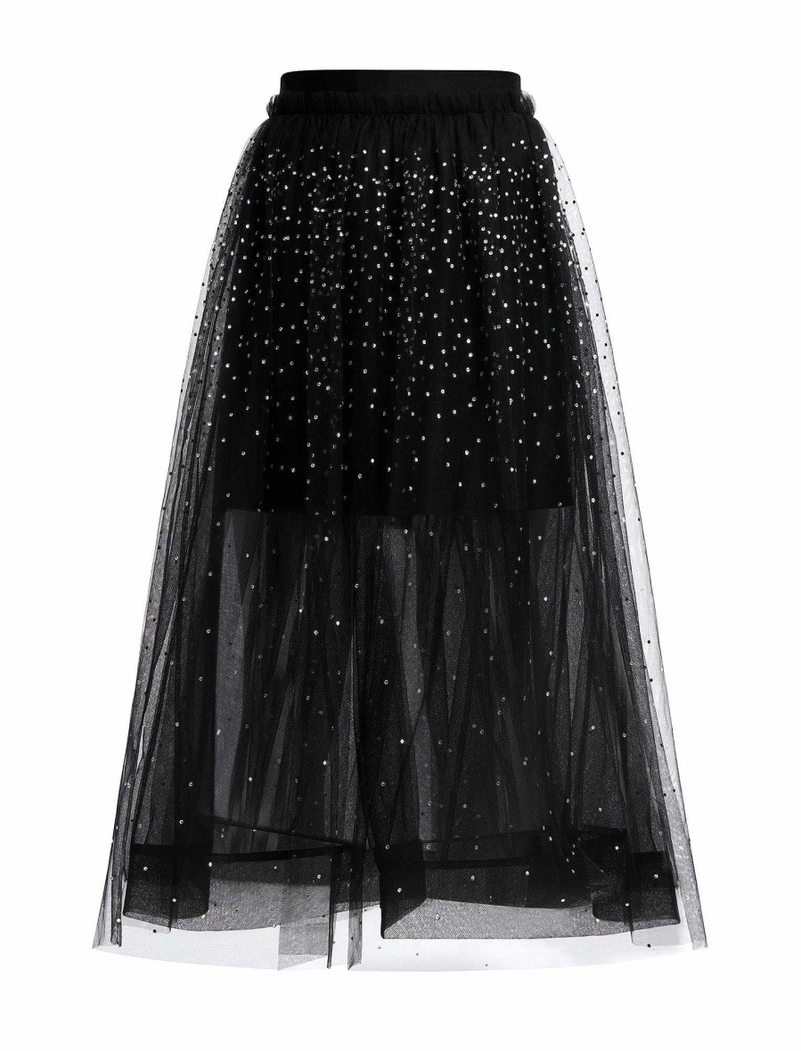 Vêtements BCBG | Jupe Midi Pailletee En Tulle Noir