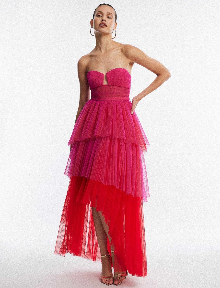 Robes BCBG | Robe Bustier Haute-Basse En Tulle « Flora ». Framboise