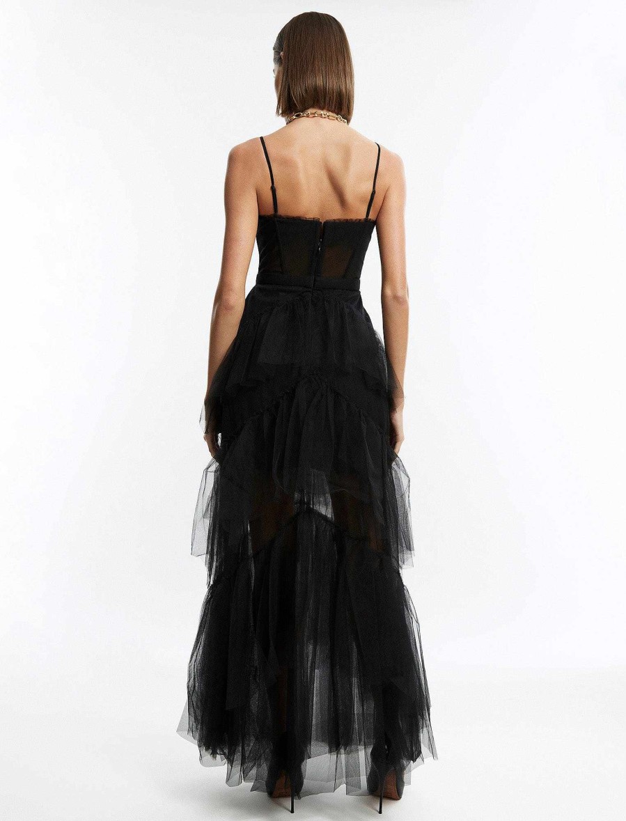 Robes BCBG | Robe De Soiree En Tulle A Volants Oly Noir