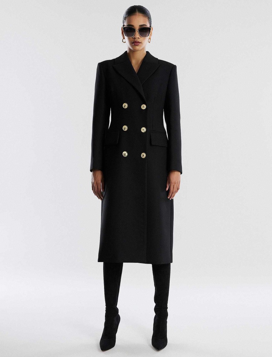 Vêtements BCBG | Manteau Classique Ajuste Et Evase A Double Boutonnage Noir