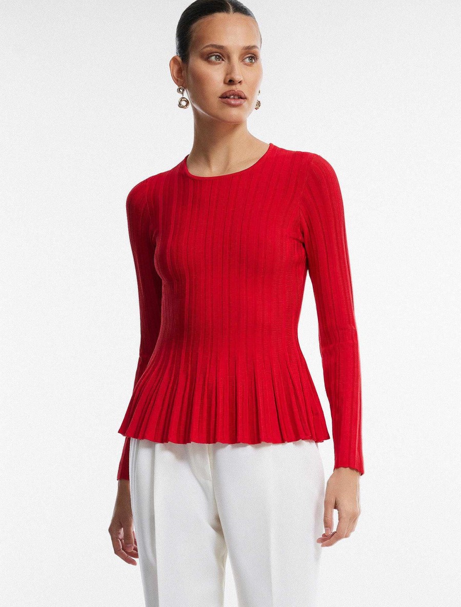 Vêtements BCBG | Haut En Maille Cotelee A Manches Longues Rouge Vif